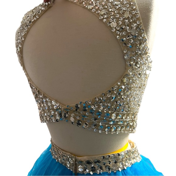 TWO PIECE Mesh Rhinestone Crop Top Prom Dress Full Skirt Blue Sz 12 - Picture 13 of 16